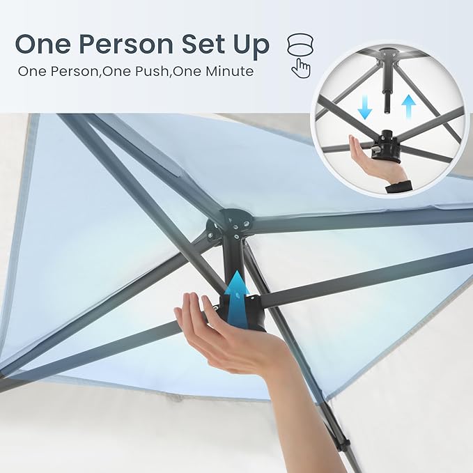 PHI VILLA 10’ x10’ Pop Up Canopy Tent - One Push Setup, Instant Shade Tent with Vented Roof for Beach & Events - Includes Storage Bag, Sandbags, Stakes & Ropes (Blue)