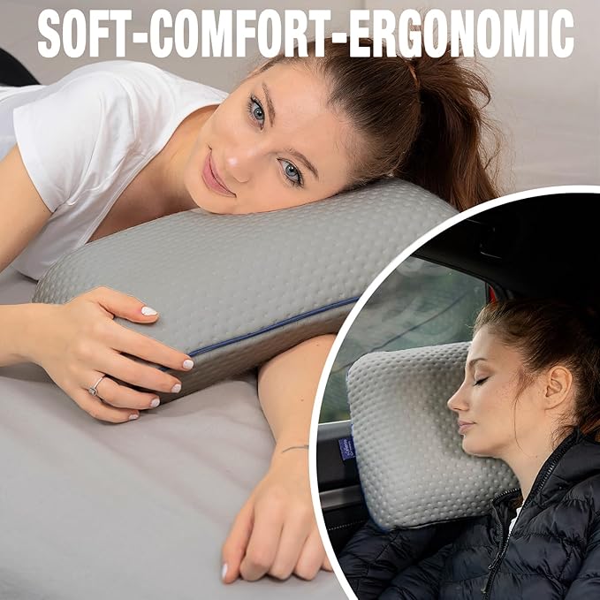 alkamto Travel & Camping Comfortable Memory Foam Pillow – Easy to Carry Portable Bag – Temperature Regulating Pillow Case (Grey)