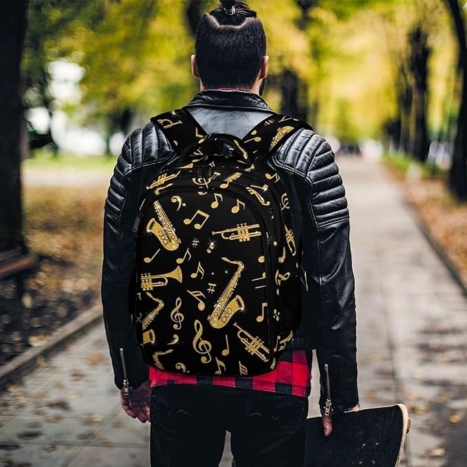 Laptop Backpack Saxophone Trumpets Music Gold Black, Sturdy Water Resistant College Bookbag with Water Bottle Pockets for Business Travel Commute