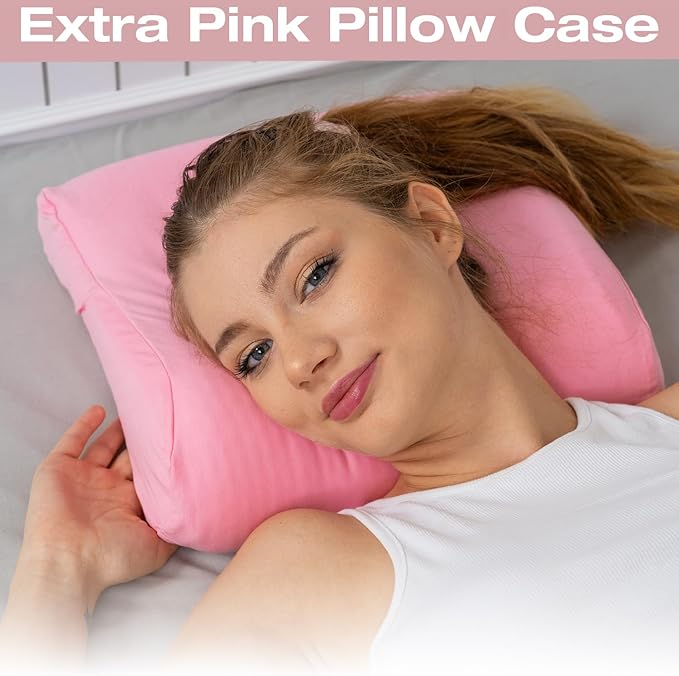alkamto Travel & Camping Comfortable Memory Foam Pillow – Easy to Carry Portable Bag – Temperature Regulating Pillow Case (Pink Contour + Extra Cover)