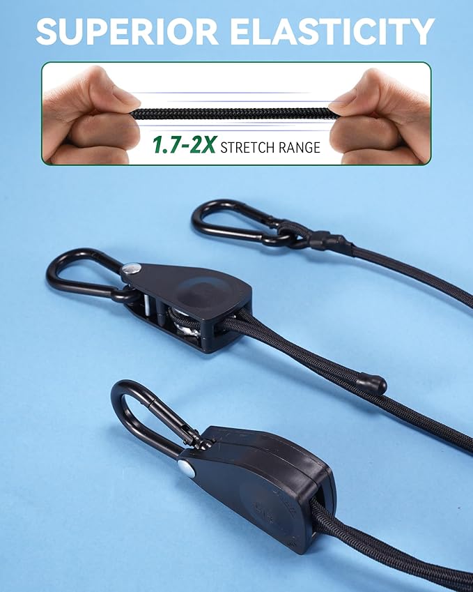 24" Heavy Duty Adjustable Carabiner Bungee Cord with Hooks, Easy to Adjust from 7" to 24", Black Ratchet Bungee Straps with Iron Carabiners & Superior Elasticity for Cargo, Luggage, Carts, etc (4 Pcs)