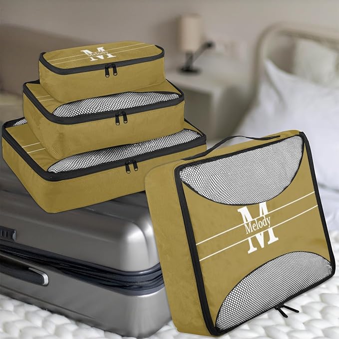Personalized Compression Packing Cubes with Name, 4 Set Mesh Travel Organizer Bags for Carry on Women Men Boys, Luggage, Suitcase, Olive Green with Initial Letter