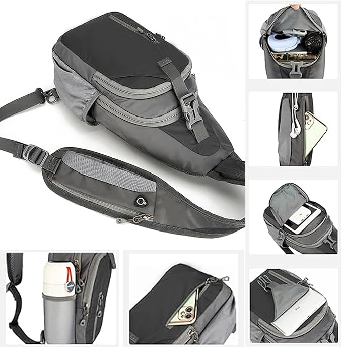 Sling Bag for Mens Crossbody Bag Travel Sling Backpack Hiking Daypack Chest Bag Shoulder Bag, Large Cross Body Bag with Chest Phone Holder Black&Grey
