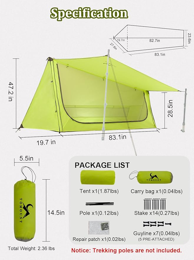 TOMOUNT Ultralight Bivy Tent 15D Nylon Trekking Pole Tent for one Person,Lightweight Backpacking Tent,Waterproof Windproof Tents for Climbing,Camping,Hiking,Trekking
