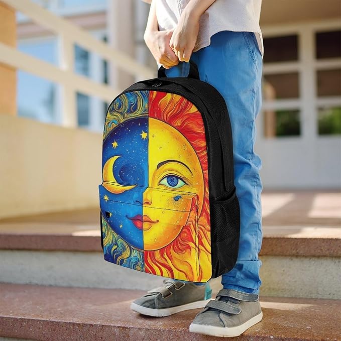 Supdreamc Men Women Polyester Blue Yellow Sun Moon Art Casual Daypack Large Capacity Carry On Bag With Adjustable Shoulder Straps for Camping Work Running