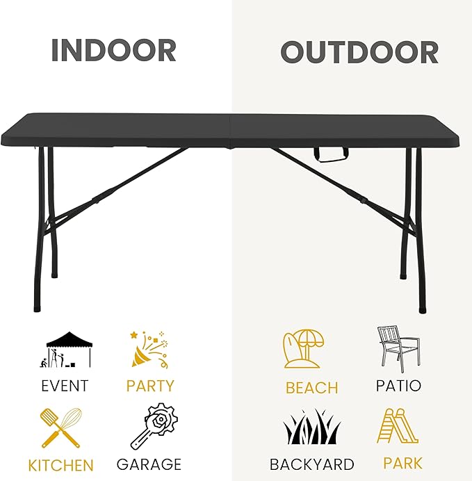 BTEXPERT Fold-in-Half Folding Utility Table 6 Feet 72" x 29.5" Lightweight Portable Carrying Handle, Indoor Outdoor Picnic Camping Office Home Party Wedding Event Easy to Clean Store & Care Black