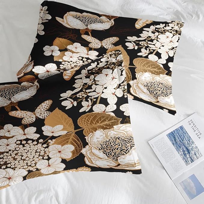 Comforter Set King Size, Hydrangea Butterfly Flower 7 Pcs Bedding for Kids and Adults, Black Gold Bed Sheet Sets with Fitted Sheet 2 Pillowcase & 2 Sham for Bedroom Bed Decor