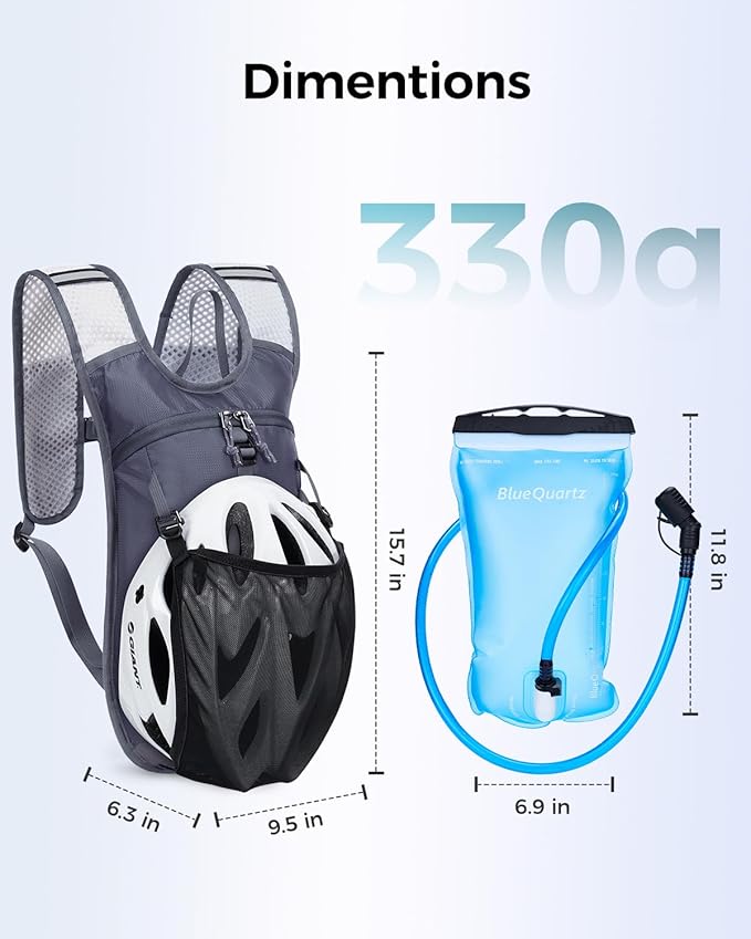 Blue Quartz Hydration Backpack with 2L Water Bladder - Lightweight Cycling & Running Pack for Men Women, Breathable Mesh Straps, L-Zip Wide Opening Hydration Pack for Quick Access