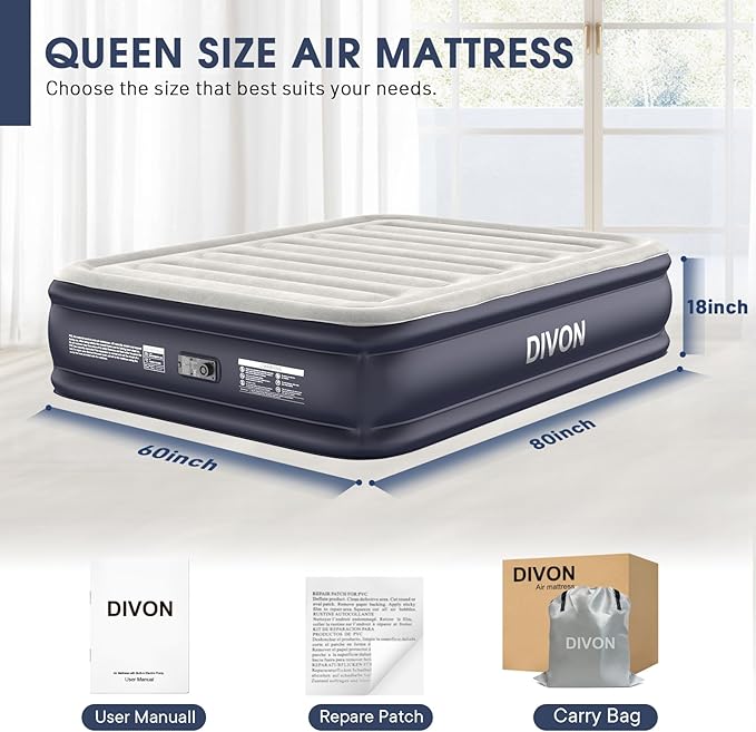Air Mattress Queen With Built In Pump,18''Raised Blow Up Mattress 2 Mins Self-Inflation/Deflation,Upgraded Thicker Inflatable Mattress,Air Bed with Storage Bag for Guests,Home,Camping,660 lbs Max