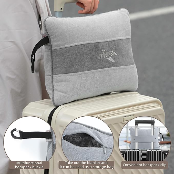 Melissa Large Travel Blanket and Inflatable Pillow Set - 69โ x 43.3โ โ Soft Blanket with Carry Bag โ Lightweight, Compact & Washable for Backpacking, Hiking, Car, Airplane, Office, Camping (Gray)