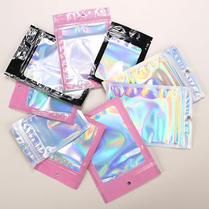 50Pcs Black Holographic Mylar Bags, 6.3x9.4 inch Resealable Foil Zipper Pouches for Gummies, Party Favors, Small Business Packaging