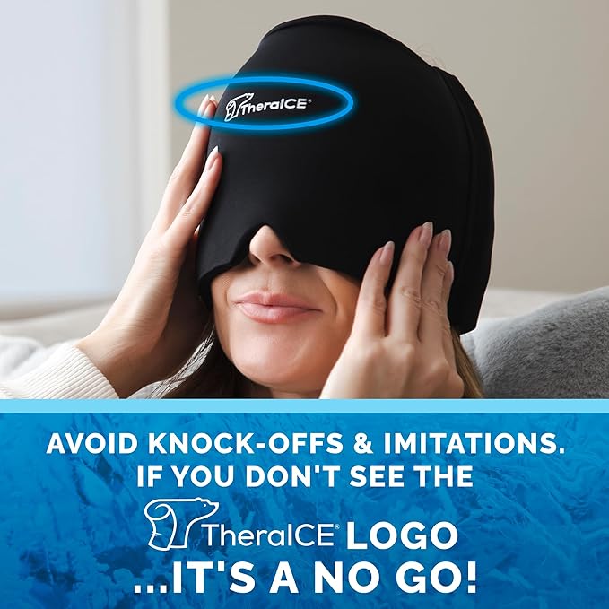 TheraICE Migraine Relief Cap, Cooling Gel Hat, Soothing Headache Ice Pack Mask Products, Face Cold Compress Head Wrap for Tension & Stress