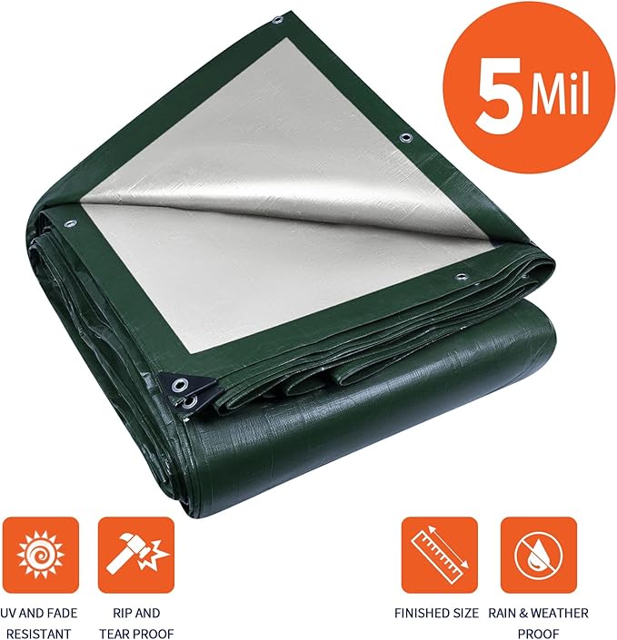 Medium Duty Waterproof 5 Mil. Reversible (Hunter Green/White) Tarp Cover, UV Resistant, Rip and Tear Proof Tarpaulin with Reinforced Edges - for Roof, Camping, Patio, Pool Cover, Boat (20'X30')