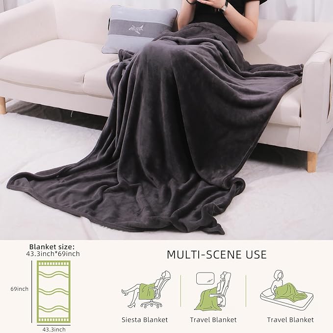 Melissa Large Travel Blanket and Inflatable Pillow Set - 69โ x 43.3โ โ Soft Blanket with Carry Bag โ Lightweight, Compact & Washable for Backpacking, Hiking, Car, Airplane, Office, Camping (Gray)