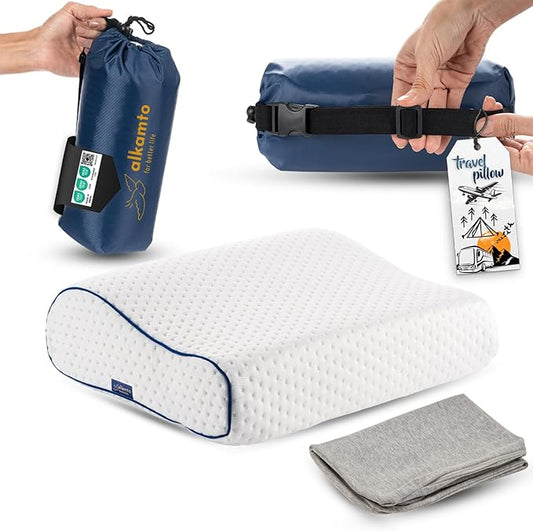 alkamto Travel & Camping Comfortable Memory Foam Pillow – Easy to Carry Portable Bag – Temperature Regulating Pillow Case (White Contour + Extra Cover)