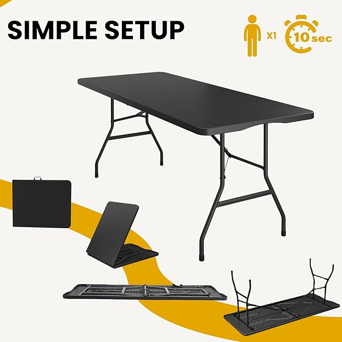 BTEXPERT Set of 2, Fold-in-Half Folding Utility Table 6 Feet 72"x 29.5" Lightweight Portable Carrying Handle Indoor Outdoor Picnic Camping Office Home Party Wedding Event Easy to Clean Store Black
