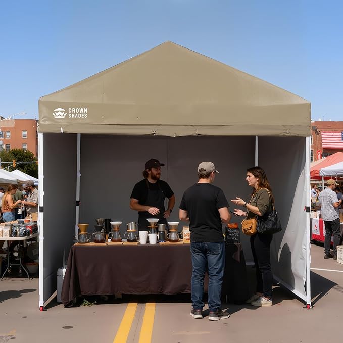 CROWN SHADES 10X10 Commercial Instant Canopy Pop Up Tent with Center Lock, 300D Fabric, 4 Sidewalls, Sto'N Go Bag, Beige
