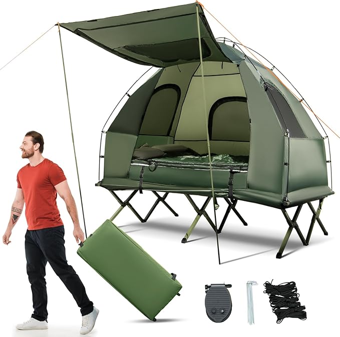 Tangkula 5-in-1 Tent Cot Combo With Awning, Air Mattress, Sleeping Bag, Pillow, Elevated Single Tent With Carrying Bag for Outdoor Camping, Hiking, Picnic, Travel