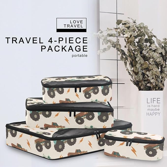 Monster Truck Lightning Compression Packing Cubes for Travel Luggage Suitcase Packing Organizers Bags Carry On Lightweight 4 Set