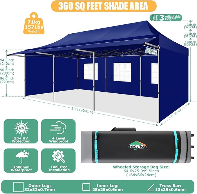 COBIZI 10x30 Pop Up Canopy Tent with Awning,Heavy Duty Canopy UPF 50+ All Season Wind Waterproof Commercial Outdoor Street Vendors Party Tents for Parties Canopy with Roller Bag(10 x 30 ft Dark Blue)