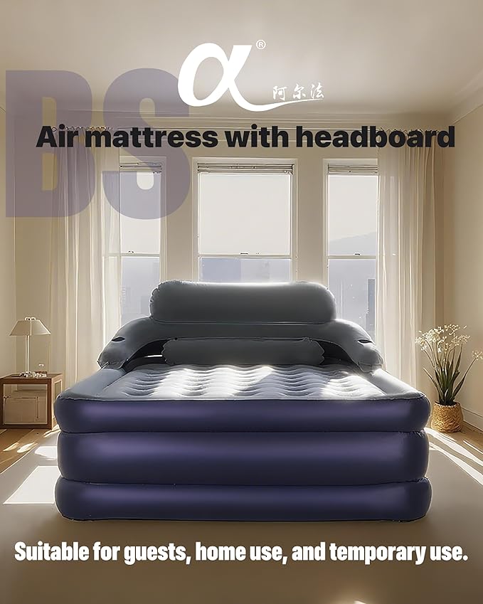 A-ER-FA Queen Air Mattress with Detachable Headboard and Cup Holder - 20 Height 700lbs Capacity Comfort Inflatable Bed for Guests Home Camping and Travel Durable Construction,Colchón Inflable,Air Bed