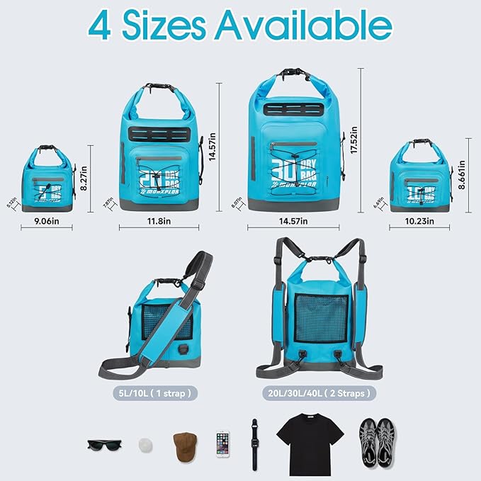 Dry Bag Waterproof,5L/10L/20L/30L Roll Top Dry Bag Backpack with WaterProof Phone Case for Swim,Kayak(Sky Blue 5L)