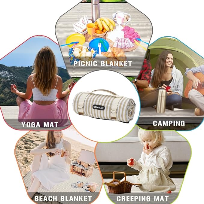 Picnic Blankets Waterproof Extra Large - Outdoor Blanket Sand Free Foldable with Carry Strap for Beach, Camping, Park Grass, Hiking, Travel, Concerts, Indoor (Sand Yellow)