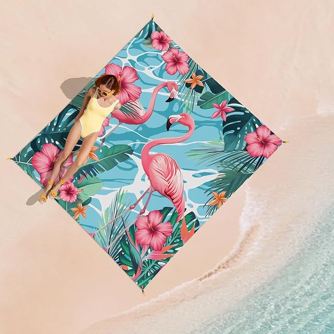 Beach Blanket Waterproof Sandproof, Flamingo Oversized Extra Large Picnic Mat 83"×95"/8 × 7 FT for 1-7 Adults for Travel Camping Hiking, Quick Drying Lightweight Outdoor Beach Vacation Essentials