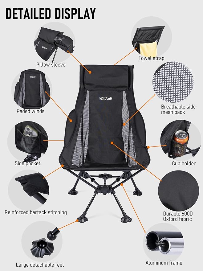 WildCall Lightweight Folding High Back Camping Chair with Head Support, Compact Beach Chair with Anti-Sinking Large Feet and Three Tilt Angles Adjustment