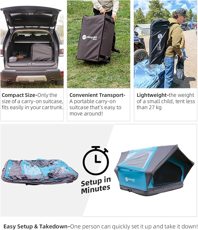 PlayDo Inflatable Rooftop Tent Easy Set Up Pop Up Roof Tent Air Extra Wide Large for 3 Person Family Camping Waterproof Cotton Tents for Truck Car SUV with Light, Skylight