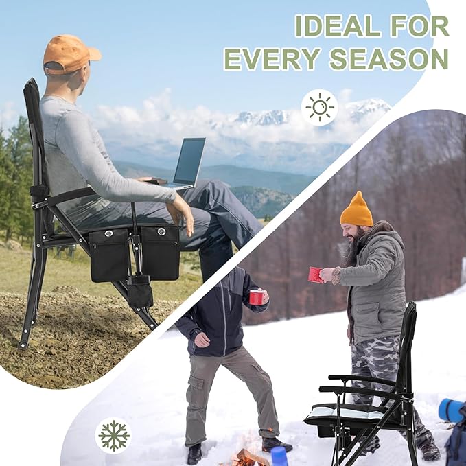 Slsy Heated Camping Chair, Outdoor Portable Heated Folding Chairs, Heated Camp Chair Seat Supports 500 lbs, Heating Chair for Outdoor Sports, Camping, Patio, and Picnics, Leather Black