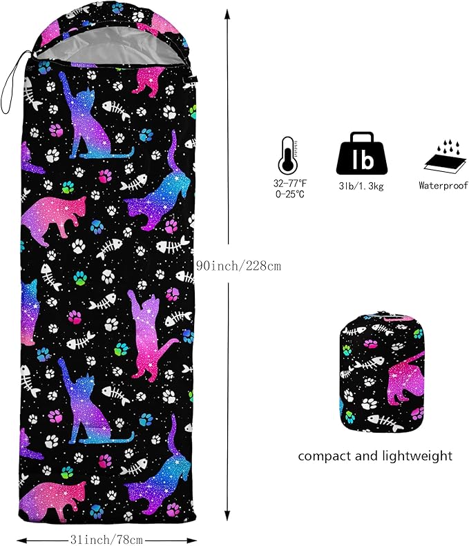 BailiPromise Starry Cat Camping Sleeping Bags,3 Season Warm & Cool Weather,Lightweight Waterproof Sleeping Bags for Adults & Kids,Traveling and Outdoors,Camping Gear Equipment,31x90inch