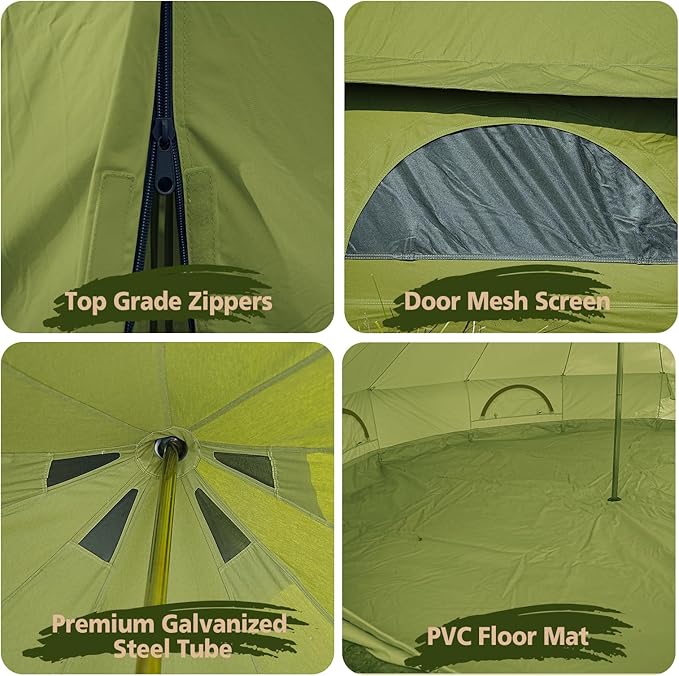 Cotton Canvas Bell Tent, Waterproof Large Tents with Sturdy Center & Door Pole and Space for 4/6/8 Person All 4 Season Camping Yurt Tent