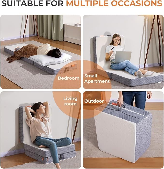 Sweetnight Tri Folding Mattress - 4-inch Single Size Foldable Mattress with a Collapsible and Washable Cover | Medium-Firm with Non-Slip Design | Suitable for RV Travel, Camping, Guest