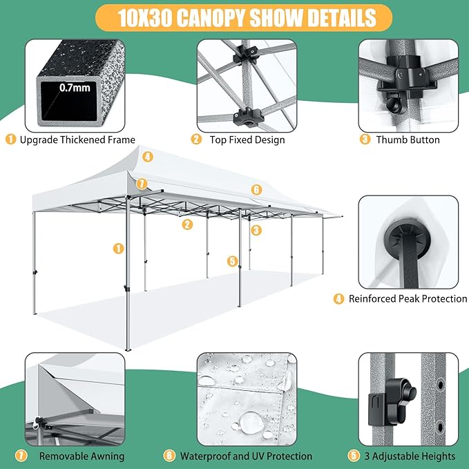 COBIZI 10x30 Pop Up Canopy Tent with Awning,Heavy Duty Canopy UPF 50+ All Season Wind Waterproof Commercial Outdoor Street Vendors Party Tents for Parties Canopy with Roller Bag(10 x 30 ft White)
