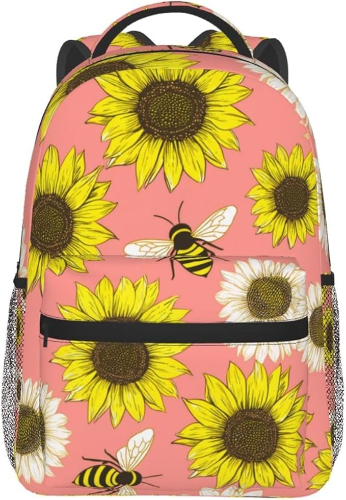 Shoulder Book Bags Polyester Multipurpose Anti-Theft Bee Sunflowers Carry On Bag Large Capacity Travel Hiking Camping Rucksack