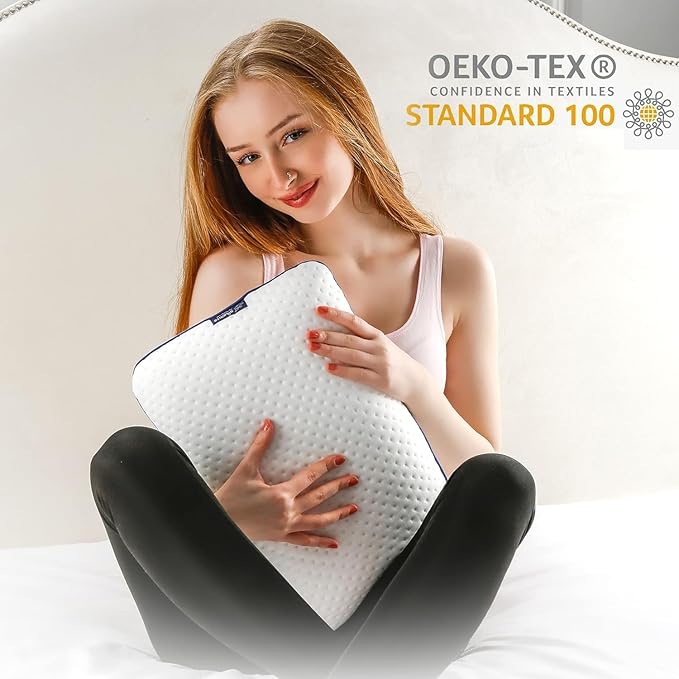 alkamto Travel & Camping Comfortable Memory Foam Pillow – Easy to Carry Portable Bag – Temperature Regulating Pillow Case (White)
