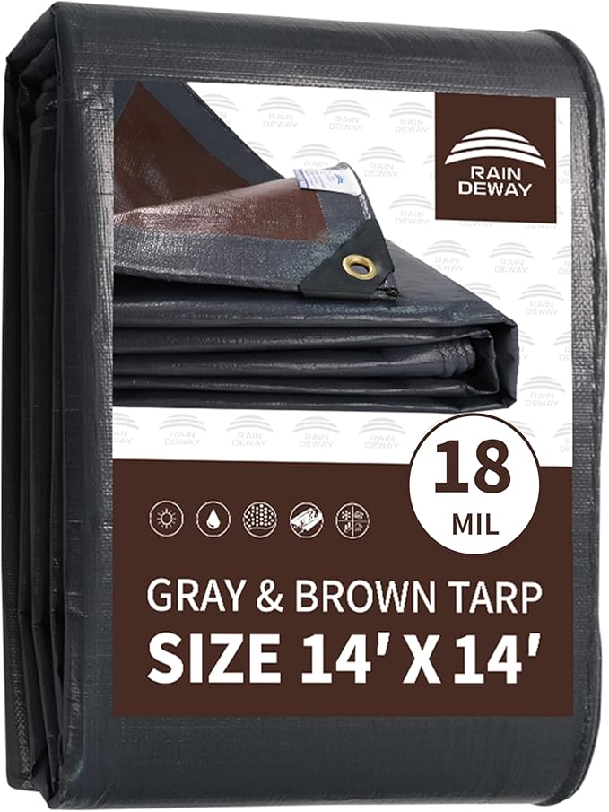 RAINDEWAY 14x14 Feet Super Heavy Duty Tarp 18 Mil, UV Resistant, Weatherproof, Multipurpose Waterproof Poly Tarp with Grommets and Reinforced Edges, Brown/Gray Tarps