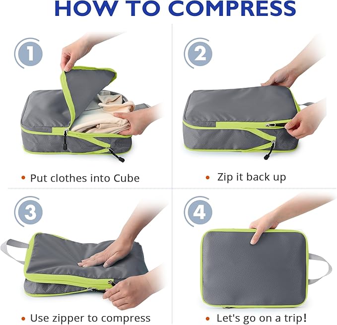 Compression Packing Cubes, 10 Set Packing Cubes for Travel Compression, Lightweight Compressible Package Organizer for Carry On and Suitcases, Grey and Green