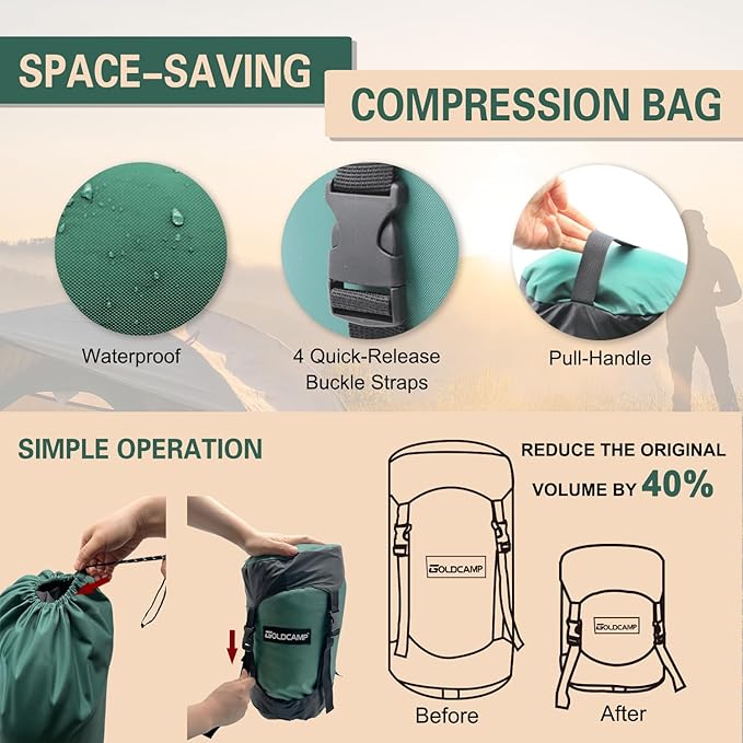 GOLDCAMP Compression Sack for Sleeping Bag Store Ultralight Sleeping Bag Compression Stuff Sack 18L 30L 43L 49L 65LSpace Saving Gear for Travel Camping Hiking Outdoor (Green, XXL)