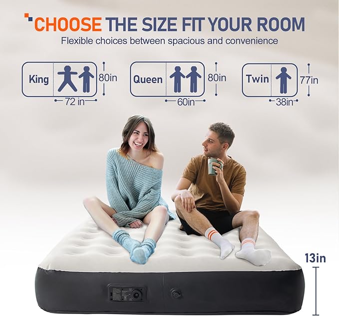 Queen Size Air Mattress with Built-in Pump, Inflatable Bed Blow Up Mattress for Camping