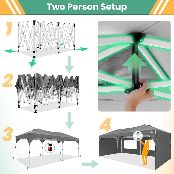 COBIZI 10x20 Pop Up Canopy Tent with 4 Sidewalls, Instant One-Push Setup, Commercial Canopy with Air Vent & Reflective Strip, UPF 50+ Waterproof Party Tent with Sandbags & Stakes for Events (Gray)