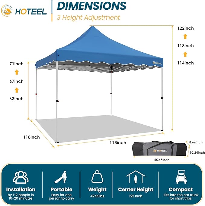 HOTEEL Canopy Tent 10x10 Pop Up Canopy, Easy Setup Canopy Tent with Sandbags, Stakes & Ropes, UPF 50+ Waterproof Outdoor Instant Portable Shelter for Party, Events, Vendor, Blue