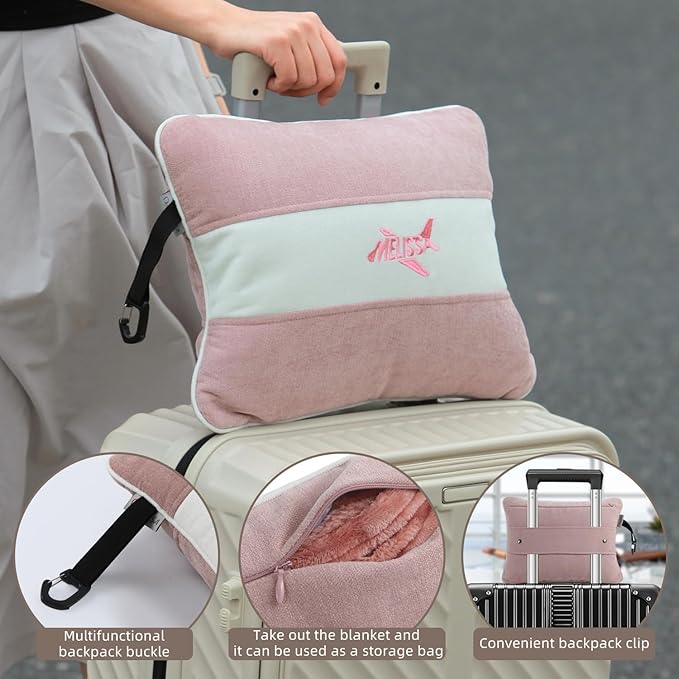Melissa Large Travel Blanket and Inflatable Pillow Set - 69โ x 43.3โ โ Soft Blanket with Carry Bag โ Lightweight, Compact & Washable for Backpacking, Hiking, Airplane, Car, Office, Camping (Pink)
