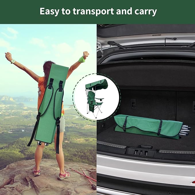 Portable Camping Chair with Canopy Shade- Folding Camping Lounge Chair with Cup Holder & Side Pocket for Outdoor Camping, Fishing, Beach - Support 330 LBS (Green)