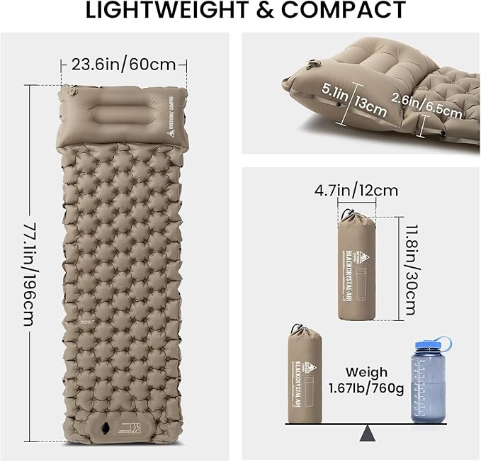 ONETIGRIS BLACKCRYSTAL Camping Sleeping Pad with Built-in Foot Pump, Inflatable Sleeping Pad with Built-in Pillow, Connectable Camping Air Mattress for Backpacking, Hiking,Tent Camping, Lightweight