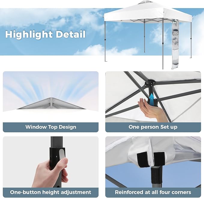 GREEN PARTY 10x10 ft Pop Up Canopy Tent, 1-Person Setup Instant Outdoor Canopy with Vented Top, Wheeled Carry Bag, 4 Ropes & 4 Sandbag -White