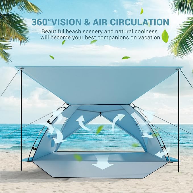 Elegear CumbreX™ Beach Tent Sun Shelter with Canopy, 4-5 Person Pop Up Beach Tent, Easy Setup UPF 50+ UV Protection Portable Lightweight Double Silver Coating Beach Cabana Sun Shade Shelter - Sky Blue