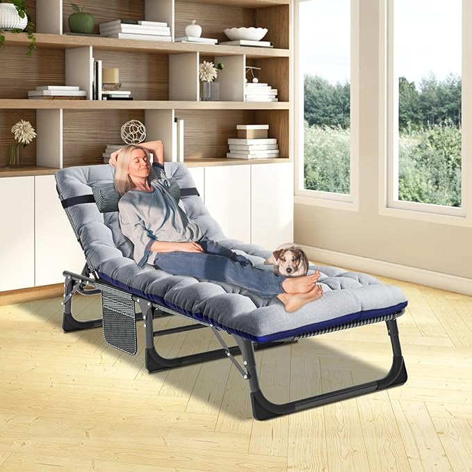 ABORON 3-in-1 Folding Patio Lounge Chair, 440LB Heavy-Duty Tri-Fold Guest Bed with Plush Cotton Cushion, No Assembly Adjustable Recliner for Office Nap, Patio Sunbathing, Poolside & Camping