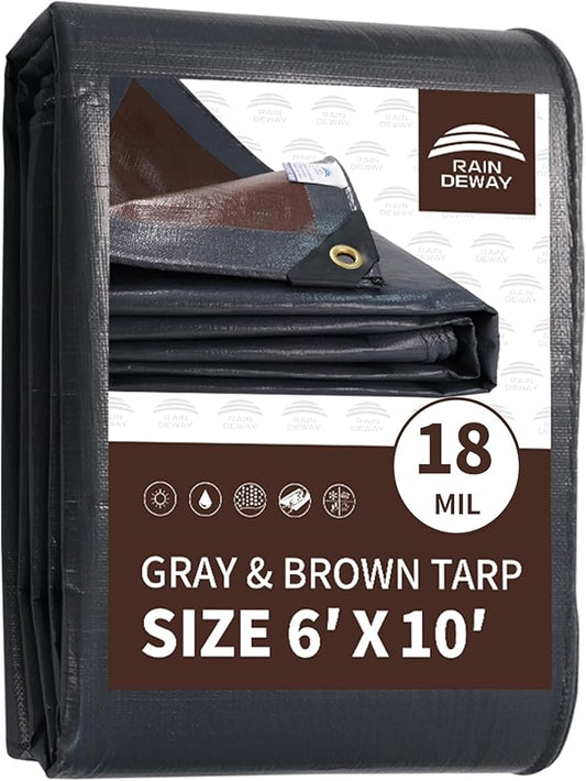 RAINDEWAY 6x10 Feet Super Heavy Duty Tarp 18 Mil, UV Resistant, Weatherproof, Multipurpose Waterproof Poly Tarp with Grommets and Reinforced Edges, Brown/Gray Tarps